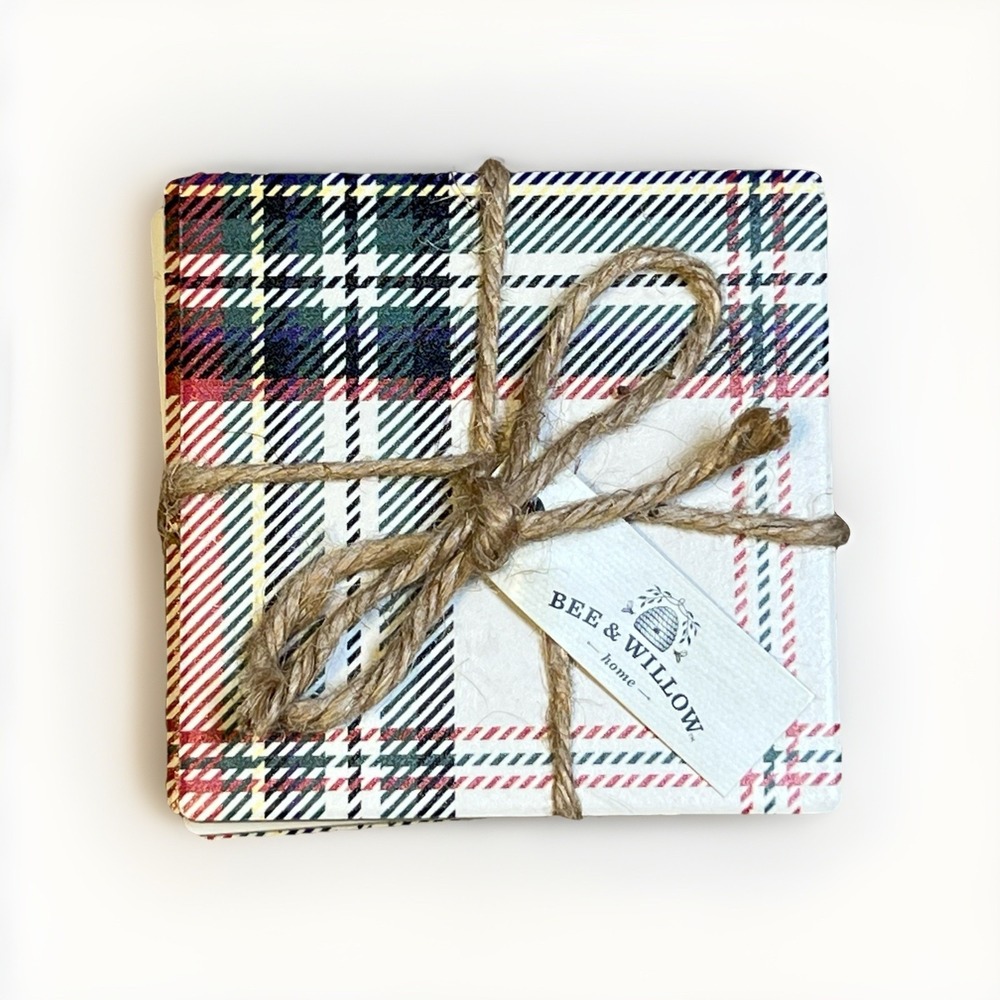 Bee‎ & Willow White Tartan Coasters Set Of 4 Ceramic With Cork Backing